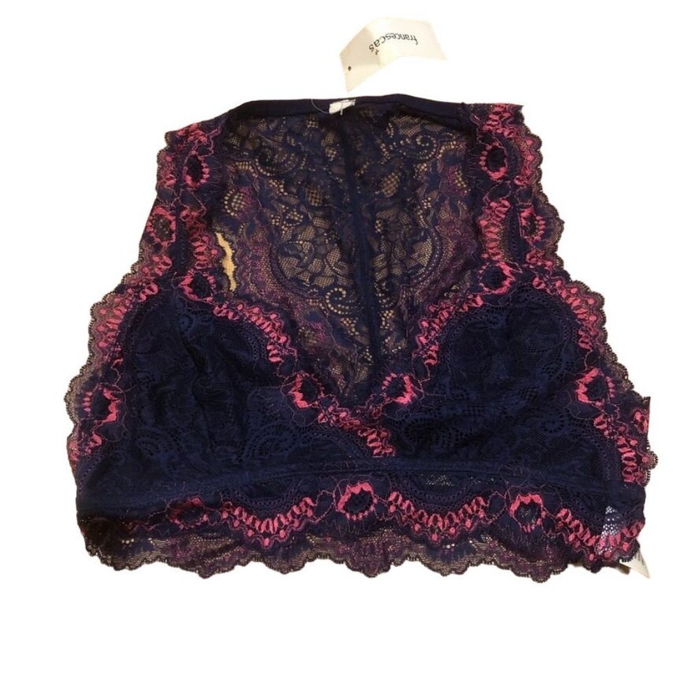 Francesca's Lace Racerback Halter Bralette Navy Blue Pink Medium Womens Two Tone